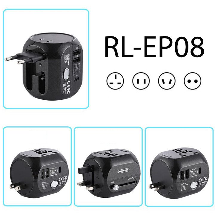 Sạc đa năng Remax RL-EP08 QC Multi-Function International USB2.0 + QC3.0 tương thích chuẩn UK/US/AU/EU - Hàng nhập khẩu