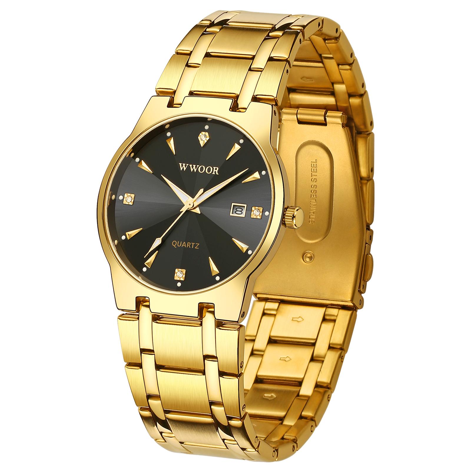 Đồng hồ đeo tay nam WWOOR Quartz Watch mặt số kim cương,con trỏ phát sáng 30M - Vàng hồng và đen
