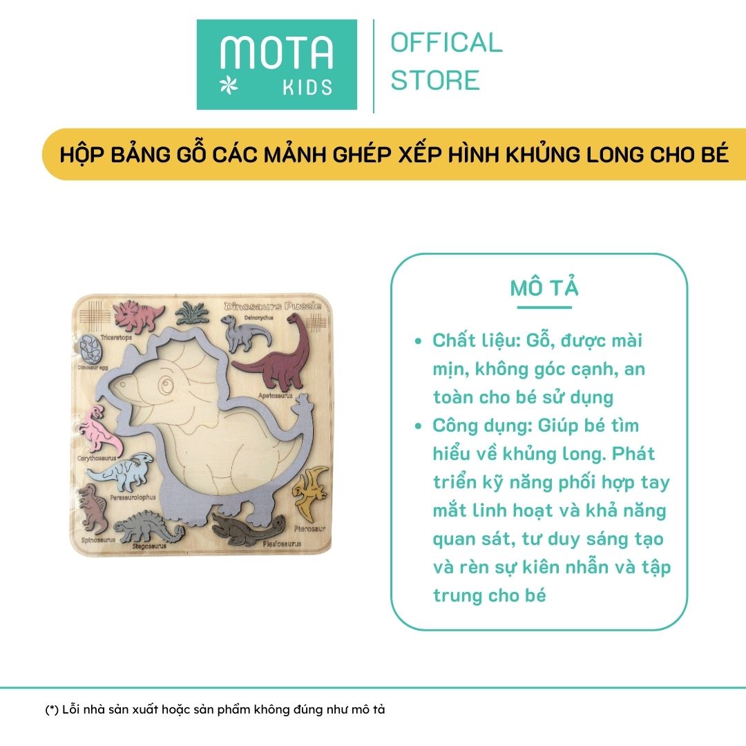 [M2490-8 - Mota Montessori] Đồ chơi cho bé Hộp bảng gỗ các mảnh ghép xếp hình khủng long - Hàng chính hãng