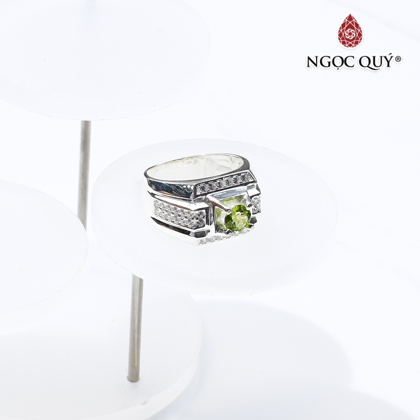 Nhẫn bạc nam mặt đá peridot 19mm mệnh hỏa, mộc - Ngọc Quý Gemstones