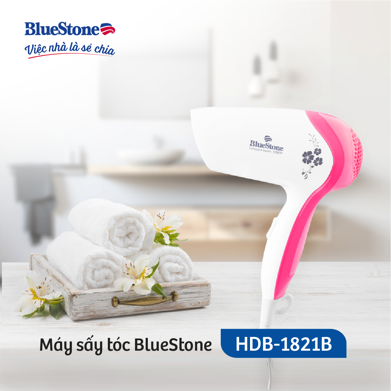 Máy Sấy Tóc Tạo Kiểu Bluestone HDB-1821B - Công Suất 1000W- Sấy khô nhanh - Bảo hành 2 năm - Hàng chính hãng