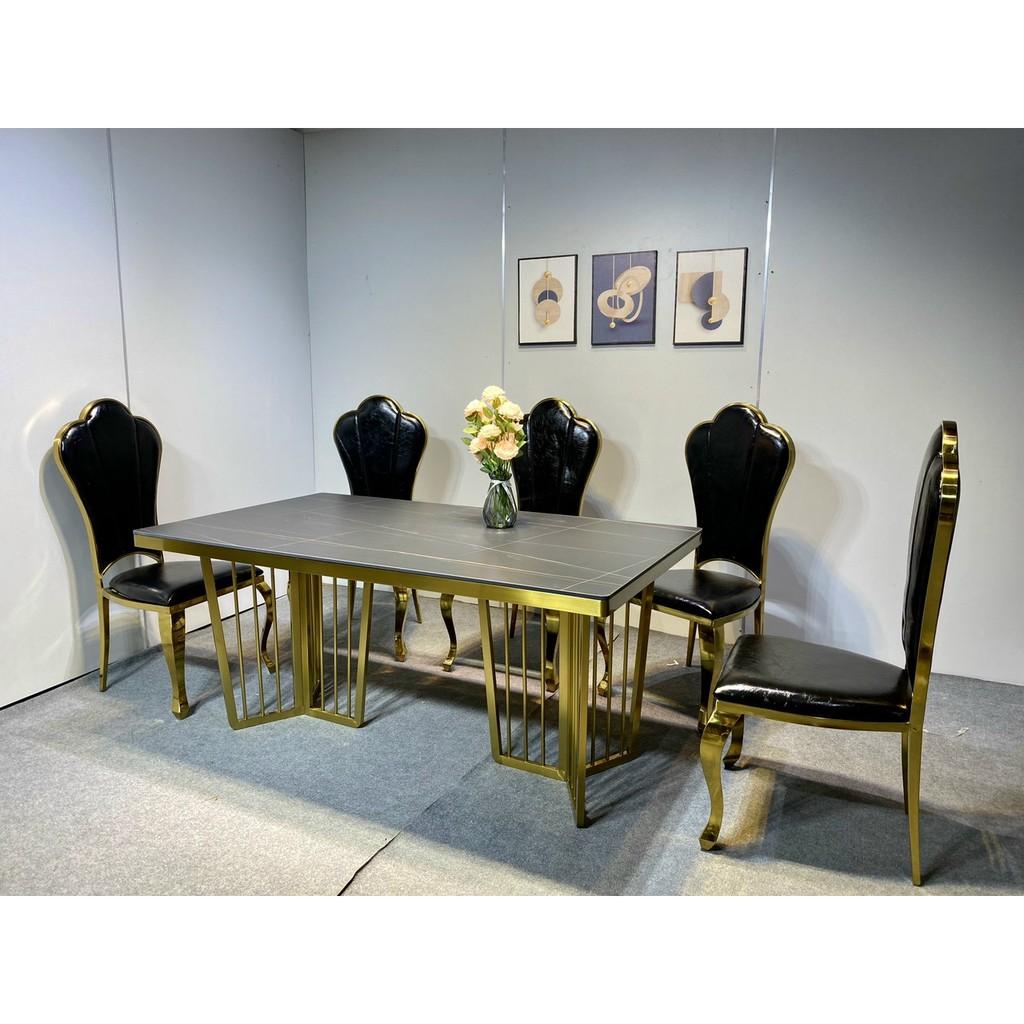 Bàn ăn mặt đá cẩm thạch nhân tạo chân 3 cạnh inox mạ vàng kết hợp ghế Hoa Mai