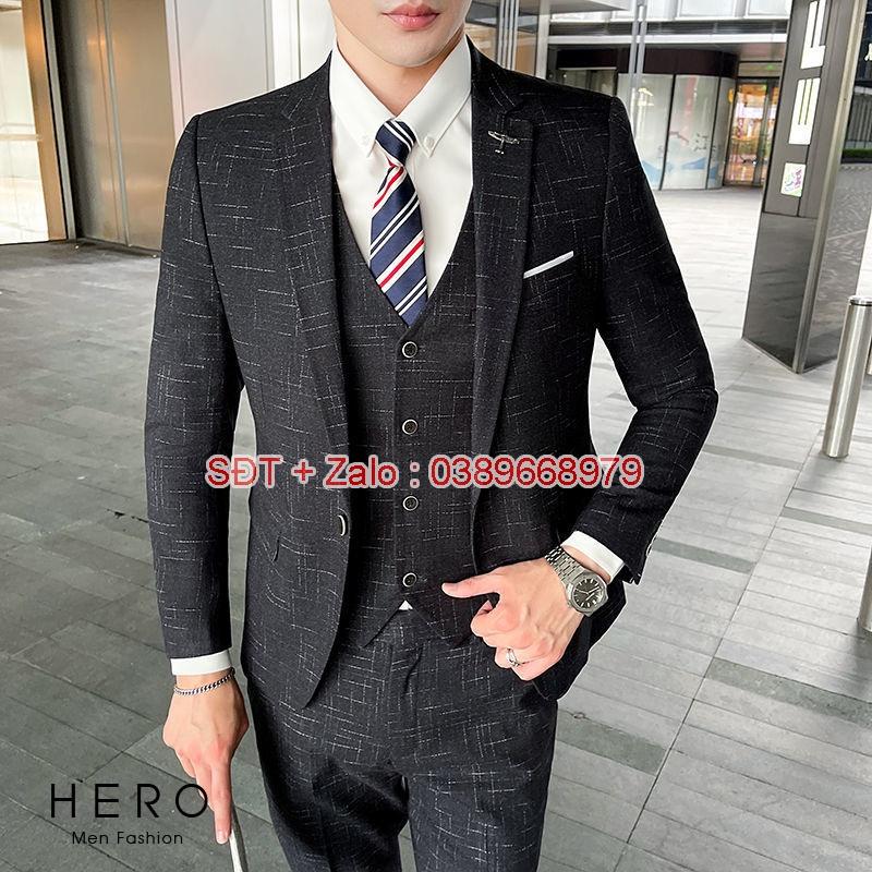 Bộ Vest Nam Cao Cấp Hàn Quốc màu kẻ đen, Bộ Suit Nam thanh niên chất vải sịn dáng ôm