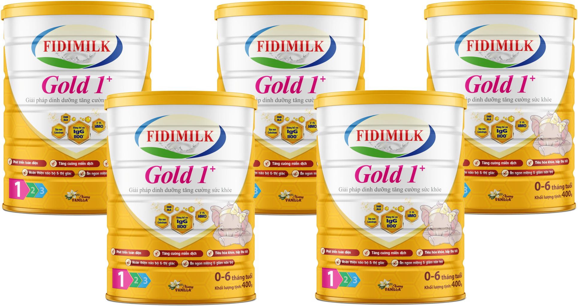 Combo 5 lon Sữa công thức FIDIMILK GOLD 1+ lon 400g - Dinh dưỡng phát triển toàn diện, Dành cho bé 0-6 tháng tuổi.