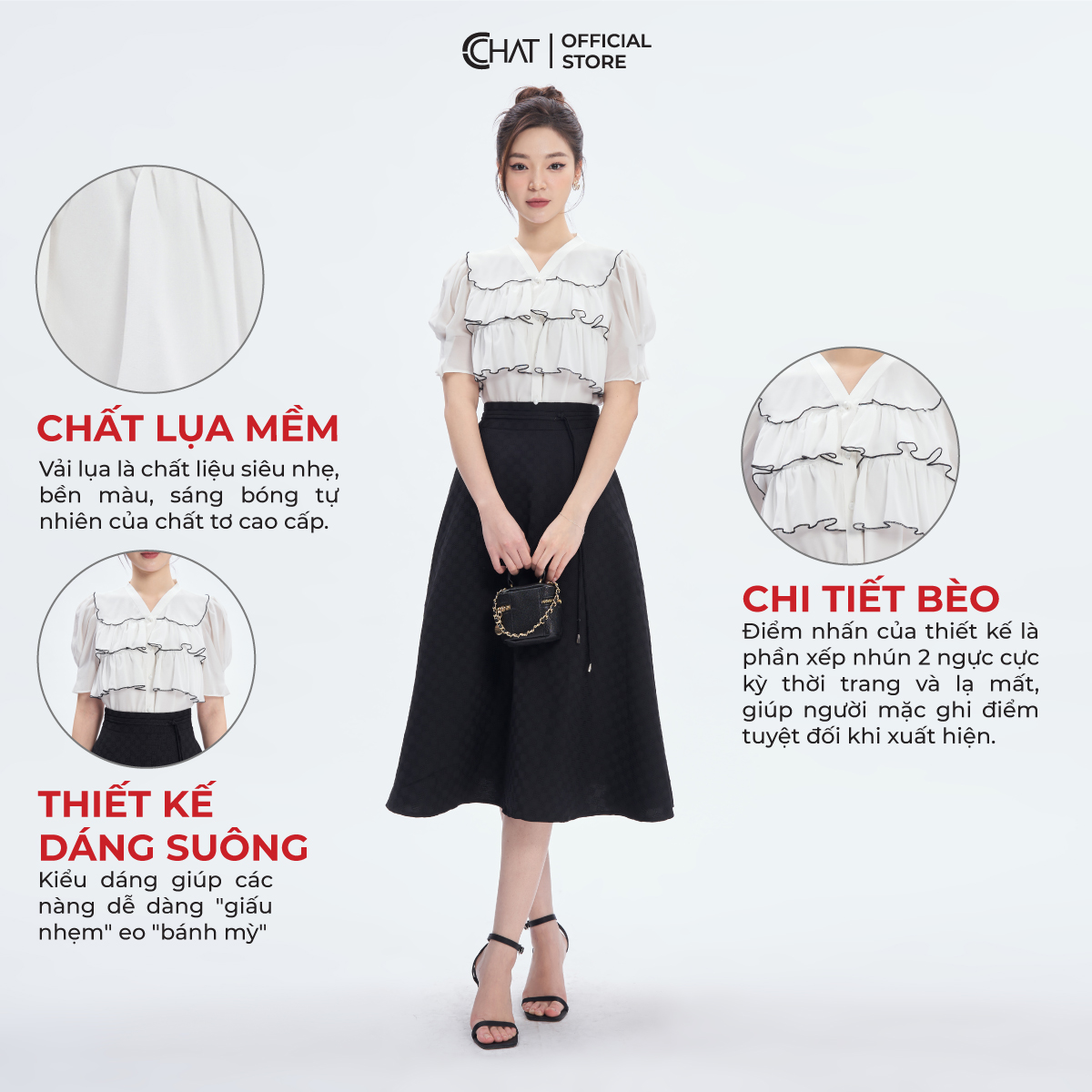 Áo Sơ Mi Nữ  Bèo 3 Tầng Cổ Mở V Chất Liệu Lụa Cao Cấp 53FNL8006ST
