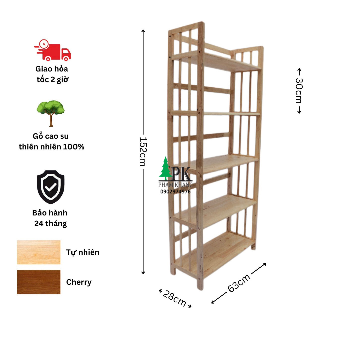 Kệ sách gỗ Phạm Khang 5 tầng rộng 64cm màu tự nhiên