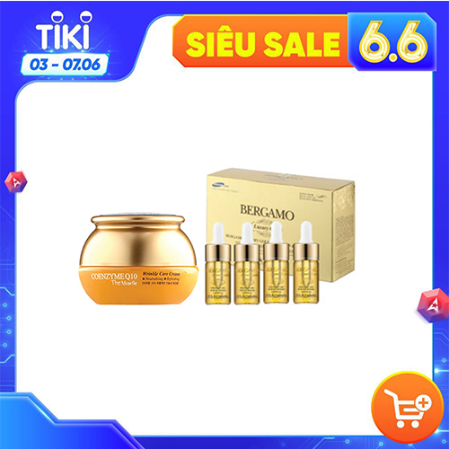 Combo kem dưỡng trắng da và chống nhăn Q10 & Set tinh chất hỗ trợ trị mụn- tái tạo da Bergamo Luxury Gold Collagen And Caviar 13ml/chai x 4 chai