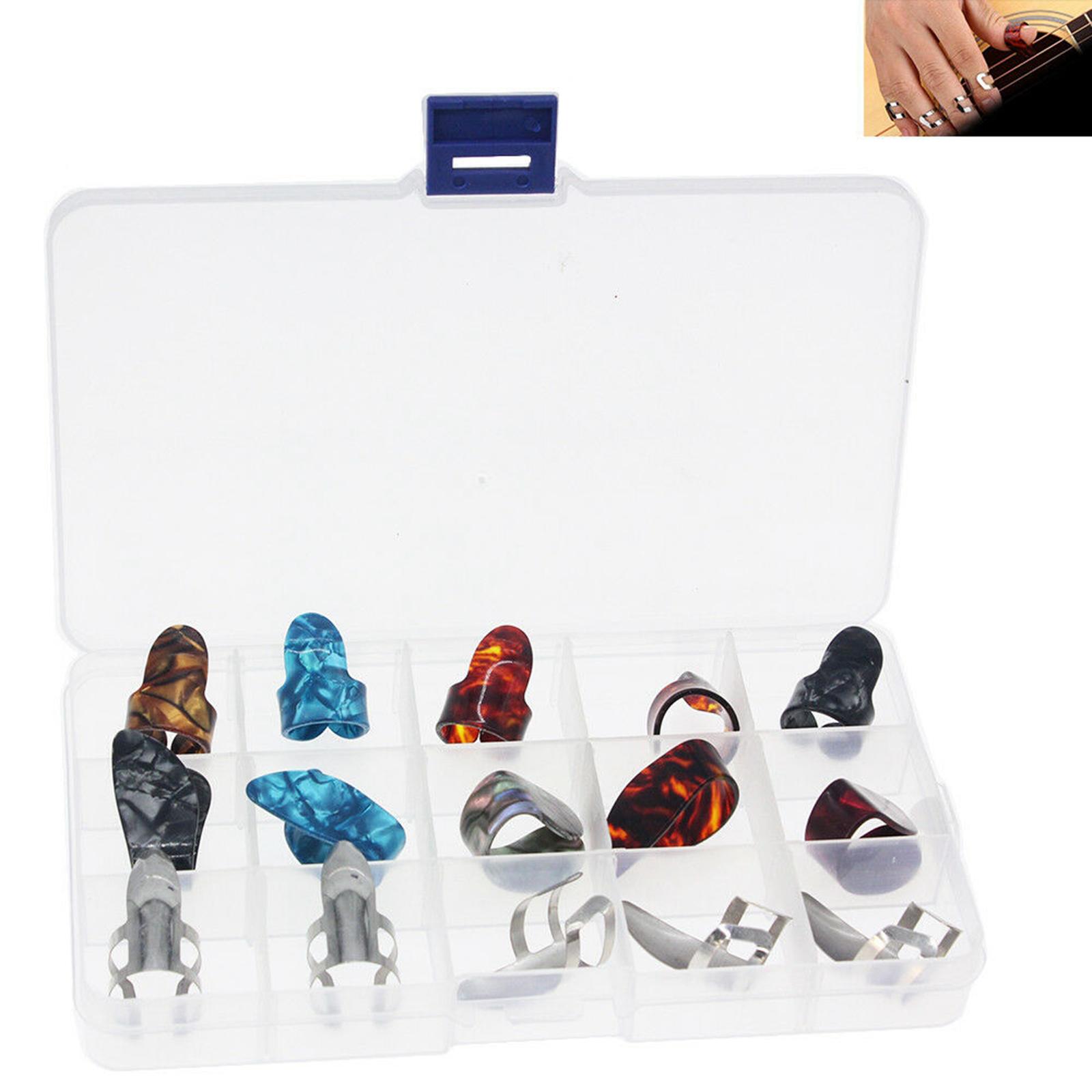 Pack of 15 Guitar Thumb Finger Picks, Colorful Nail Plectrum, for Guitar Bass Banjo Plastic and Stainless Steel 15 Grid Box