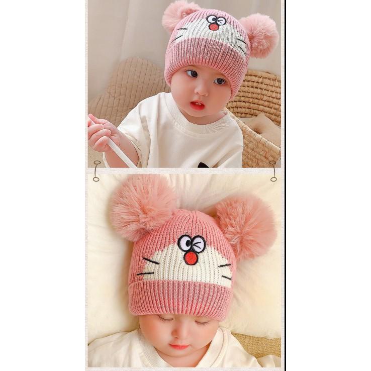 Mũ nón len Mèo Doremon đội mùa đông cho bé trai bé gái dưới 1 tuổi có Hai Quả Bông hình Mèo Doremon 2020