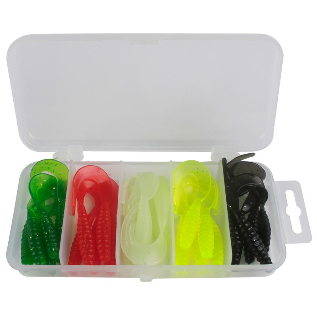 25pcs Double Tail Soft Lures Fishing Bait Maggots Grub Worm Lure, Black/White/Red/Yellow/Green