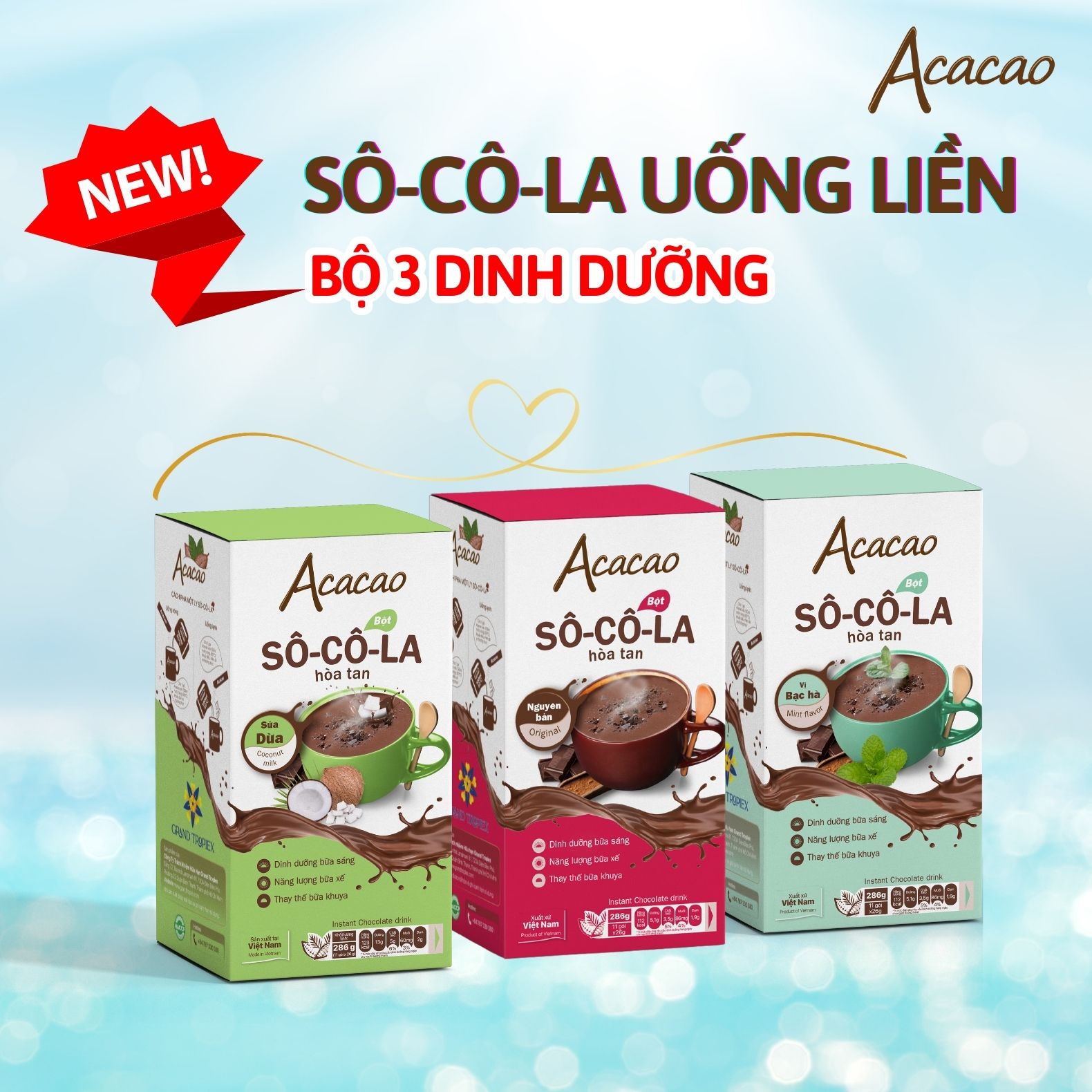 Combo 3 hộp bột Sô Cô La dinh dưỡng VỊ BẠC HÀ, SỮA DỪA và NGUYÊN BẢN phòng ngừa thiếu máu