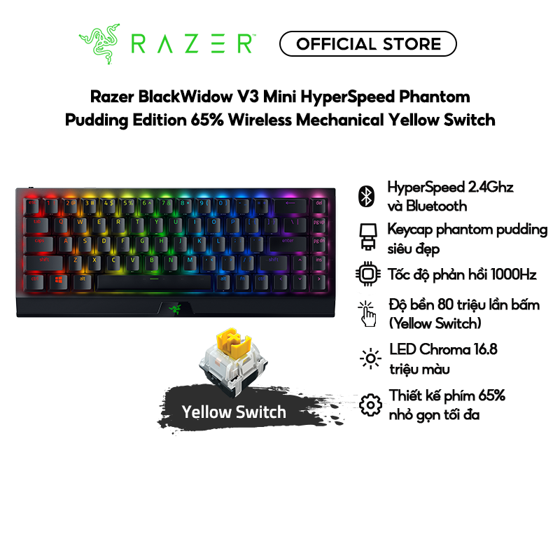 Bàn phím Razer BlackWidow V3 Mini HyperSpeed-Phantom Pudding Edition-65% Wireless Mechanical-Yellow Switch_RZ03-03891900-R3M1- HÀNG CHÍNH HÃNG