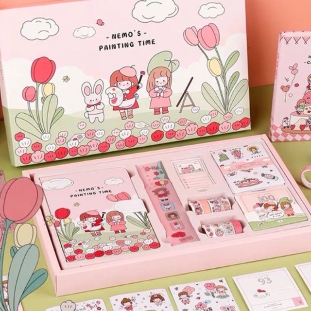 Hộp quà tặng - Washi tape kèm sổ sticker kẹp giấy và giấy note xinh