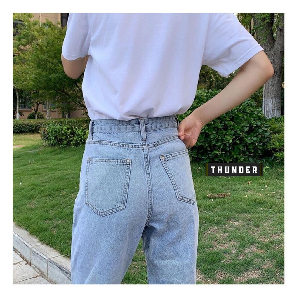 Quần Jean Nữ Dáng Baggy Thunder Unisex Cạp Lưng Cao Trơn, Ống Xuông, Rộng, Ulzzang Hàn Quốc, Co giãn
