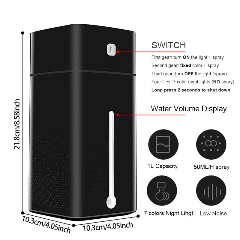 Siêu Âm Thanh Máy Tạo Độ Ẩm Không Khí Khuếch Tán Tắt Tiếng 7 Màu Đèn Ngủ Mini 1000ML Làm Thơm Phòng Hình Cá Mát Phun Sương Tạo Nhà Máy Lọc