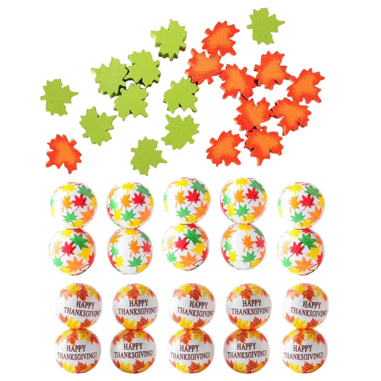 Thanksgiving Fall Beads Wooden Beads Beading Round Ornament Maple Leaf Beads Loose Beads Spacer Beads for Pendant DIY Crafts Jewelry Making
