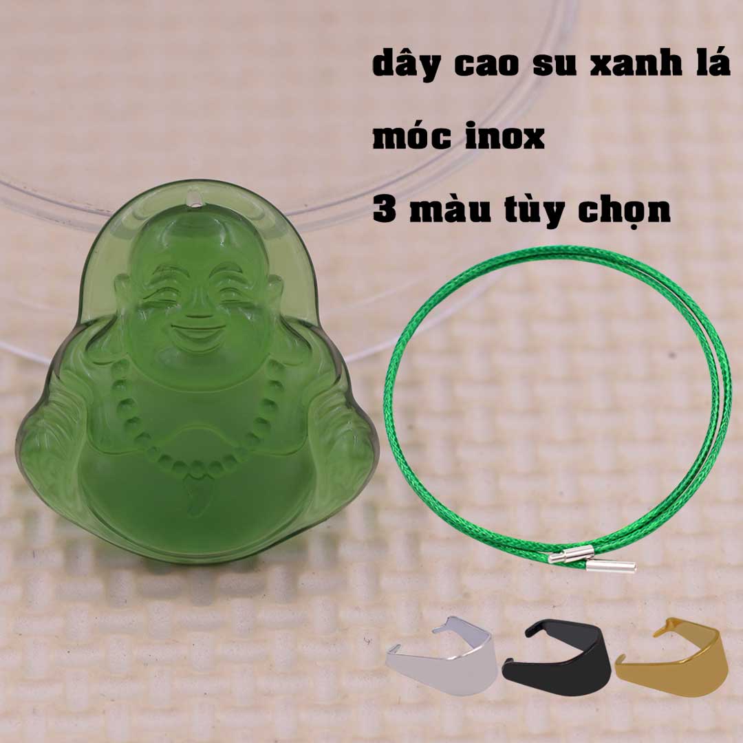 Mặt Phật Di lặc Pha lê xanh lá 3.6 cm kèm vòng cổ dây cao su xanh lá + móc inox vàng, mặt dây chuyền Phật cười