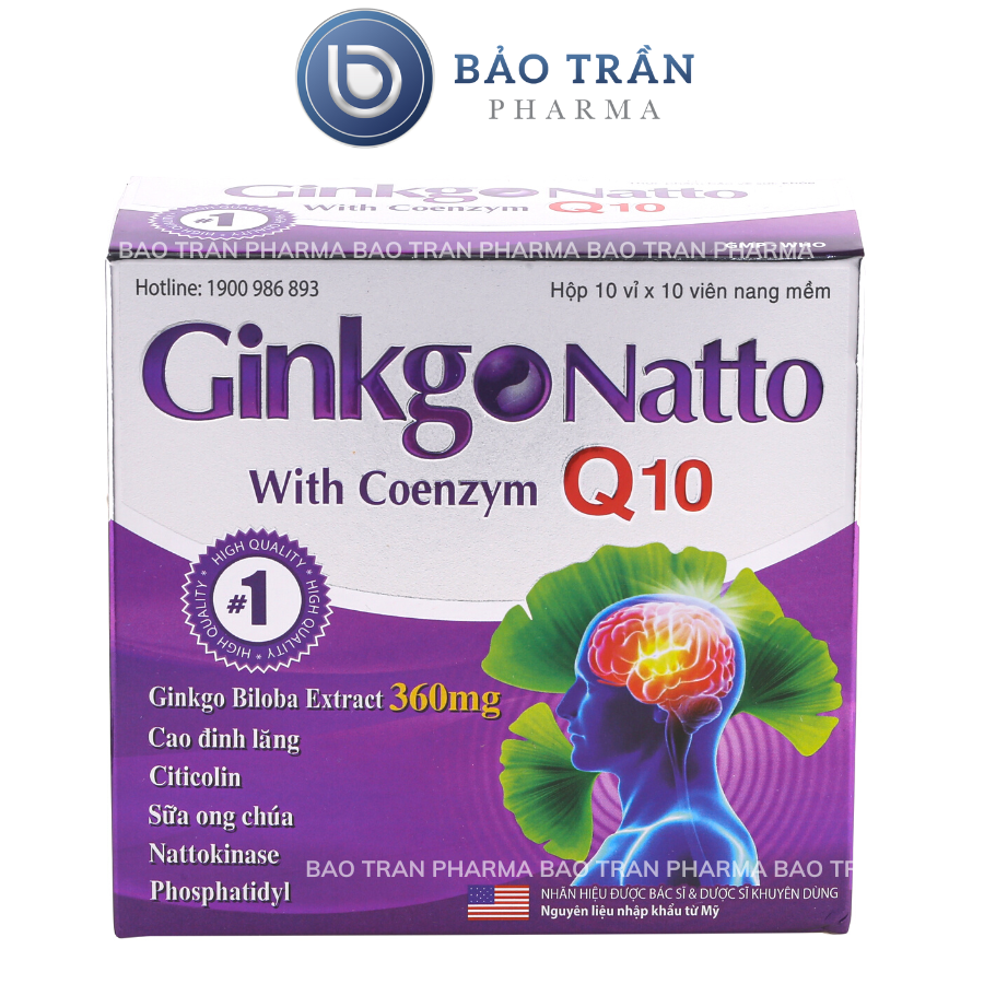 Hoạt huyết dưỡng não Ginkgo Natto Q10 giúp tăng cường trí nhớ hỗ trợ tuần hoàn não, Viên uống bổ não- Hộp 100 viên