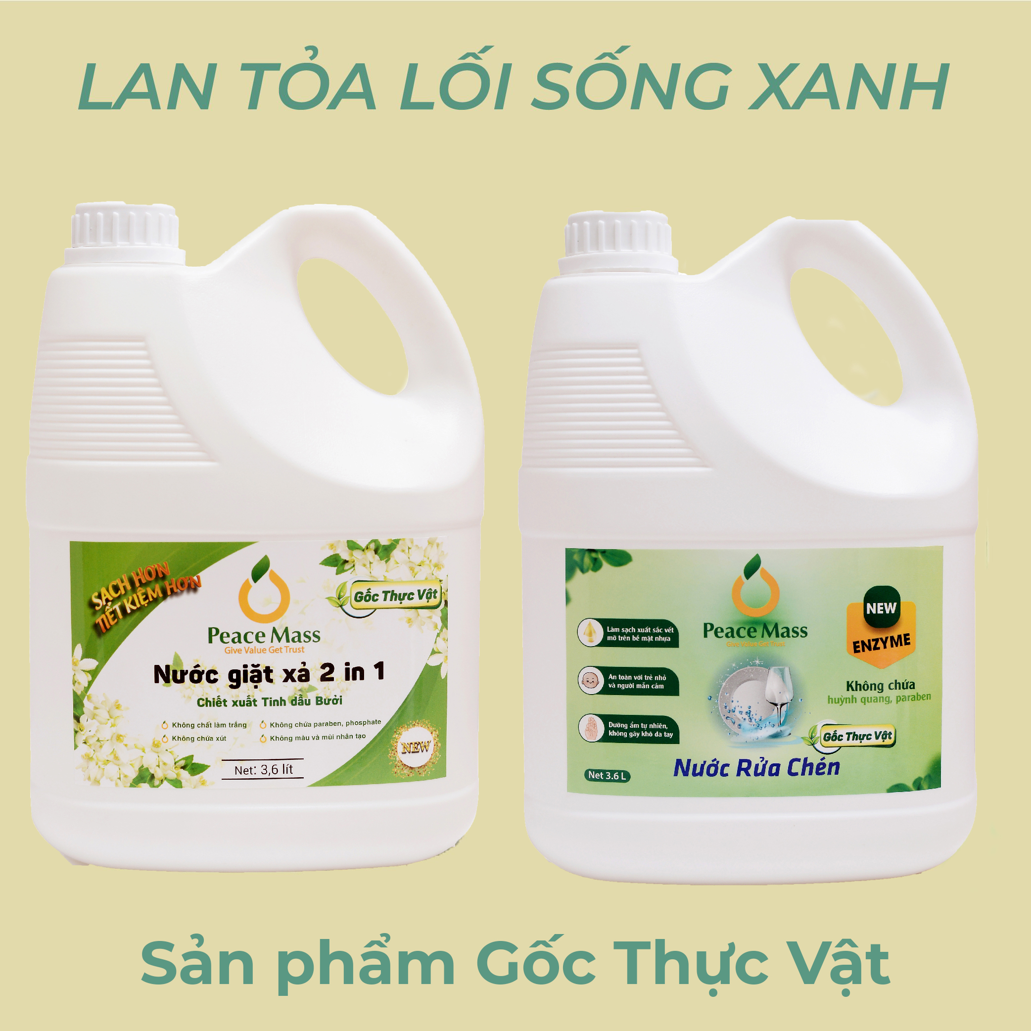 Combo Sản Phẩm Gốc Thực Vật  Peace NGB3 Mass - Nước Giặt Xả 2 in 1 3.6l + Nước Rửa Chén 3.6 lít (Thuộc nhóm Sản phẩm Lành tính / Hữu cơ)