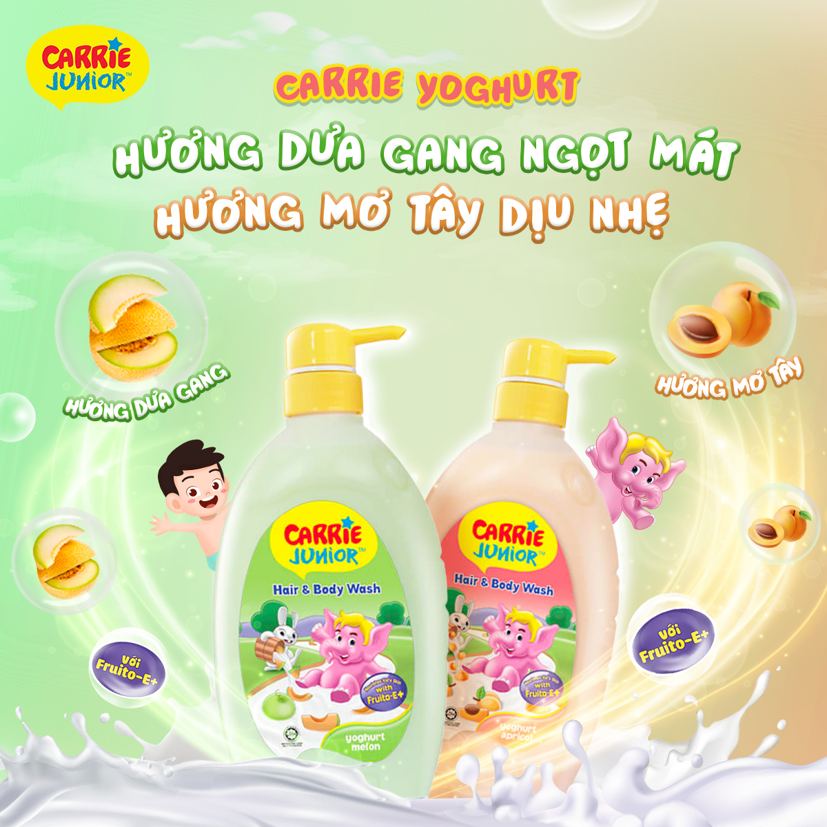 Combo 2 Chai Sữa Tắm Gội Cho Bé Carrie Junior Yoghurt Hương Melon + Hương Mơ Tây (700g x 2)