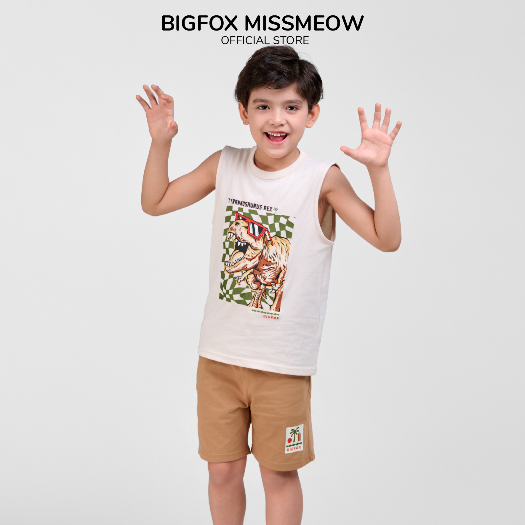Bộ ba lỗ bé trai Bigfox Miss Meow in khủng long T-rex mùa hè cỡ 3,7,9,11 tuổi 30kg 40kg