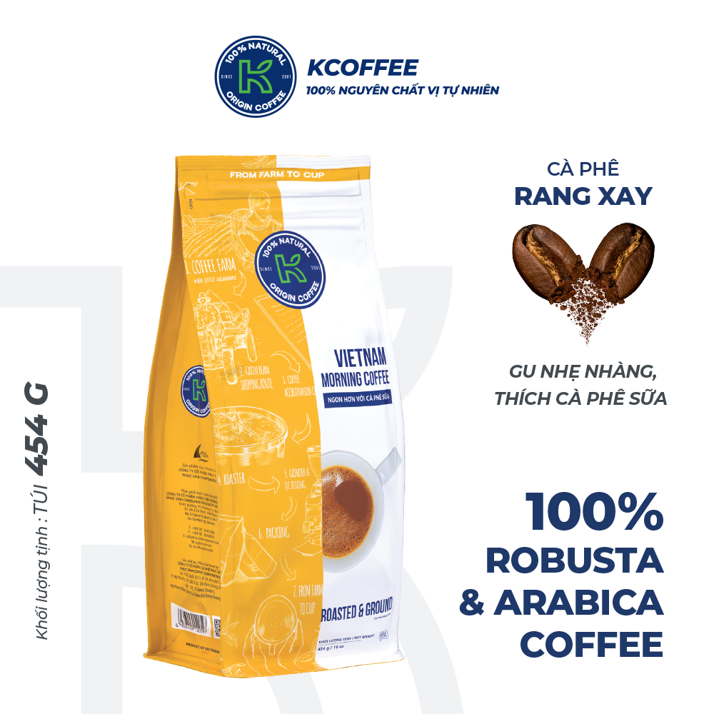 Cà phê rang xay 100% nguyên chất Robusta Arabica xuất khẩu Vietnam Morning thương hiệu K Coffee (454g/gói)