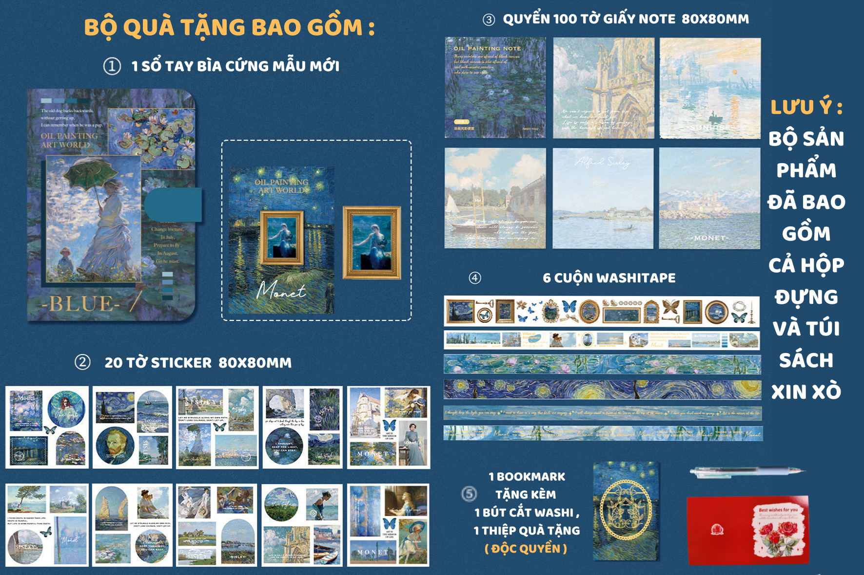 sổ tay bìa cứng - bộ quà tặng phong cách cổ điển, vintage chủ đề hội họa châu âu - claude monet - vincent van gogh