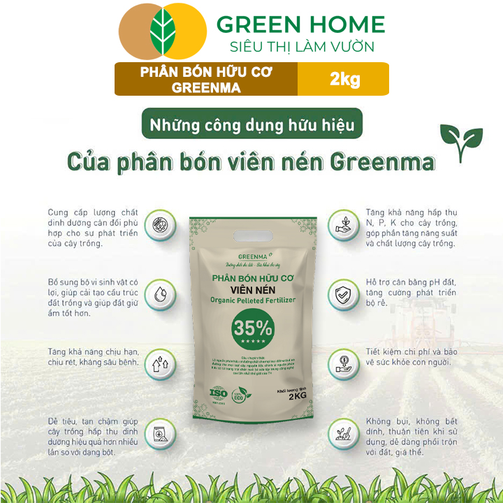 3 Túi Phân Bón Hữu Cơ Viên Nén Greenma 35%, GreenHome, Túi 2kg, Chuyên Cho Cây Cảnh, Hoa Màu Trồng Chậu