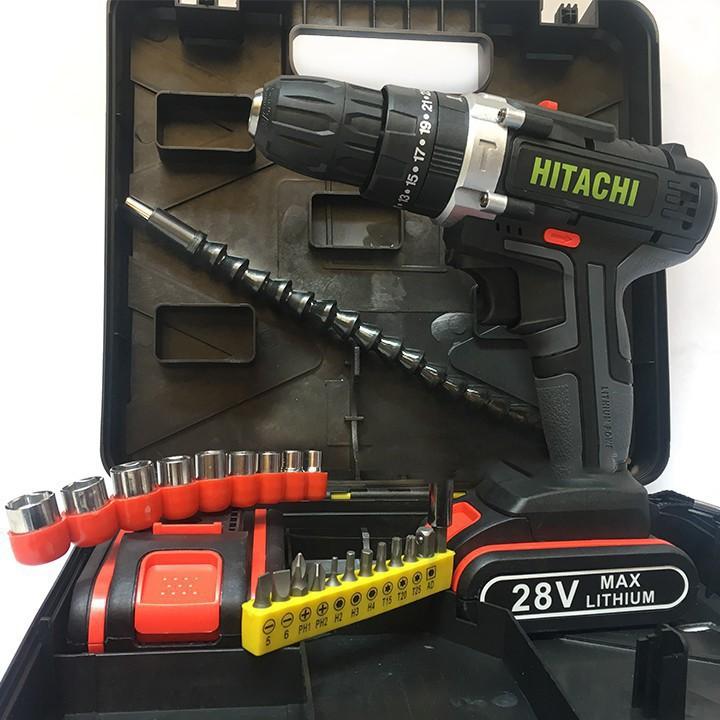 Máy Khoan Hitachi 28V 3 chức năng, Khoan Pin Bắt Vít Kèm Bộ Phụ Kiện 24 Món