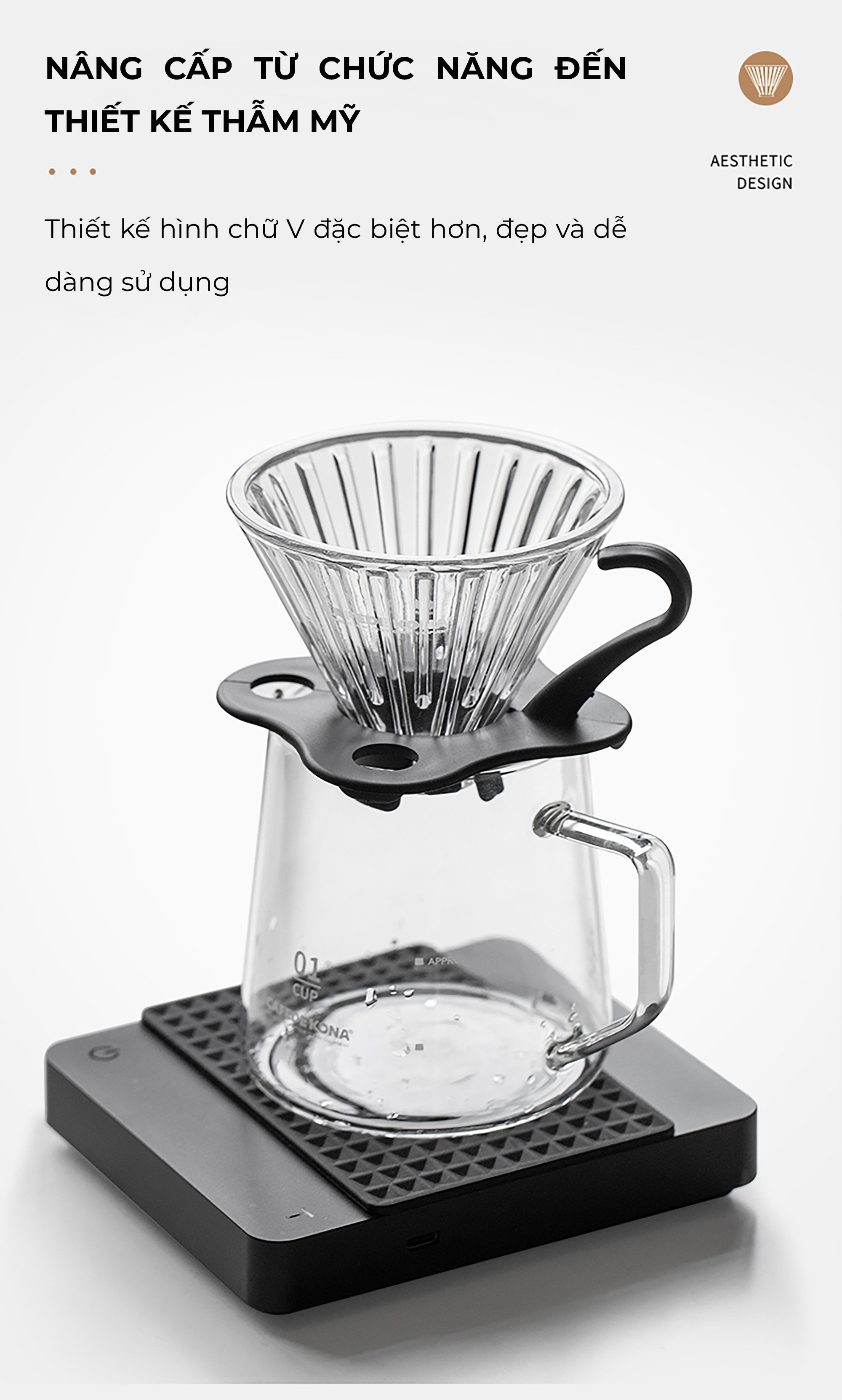 Phễu thuỷ tinh V60 rãnh thẵng đế nhựa đen CAFE DE KONA