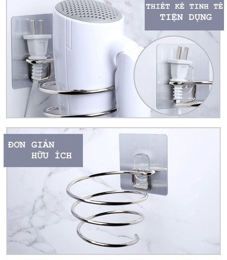 Dụng cụ treo máy sấy tóc bằng Inox, giá treo dạng chôn ốc có miếng gián gắn tường không cần khoan