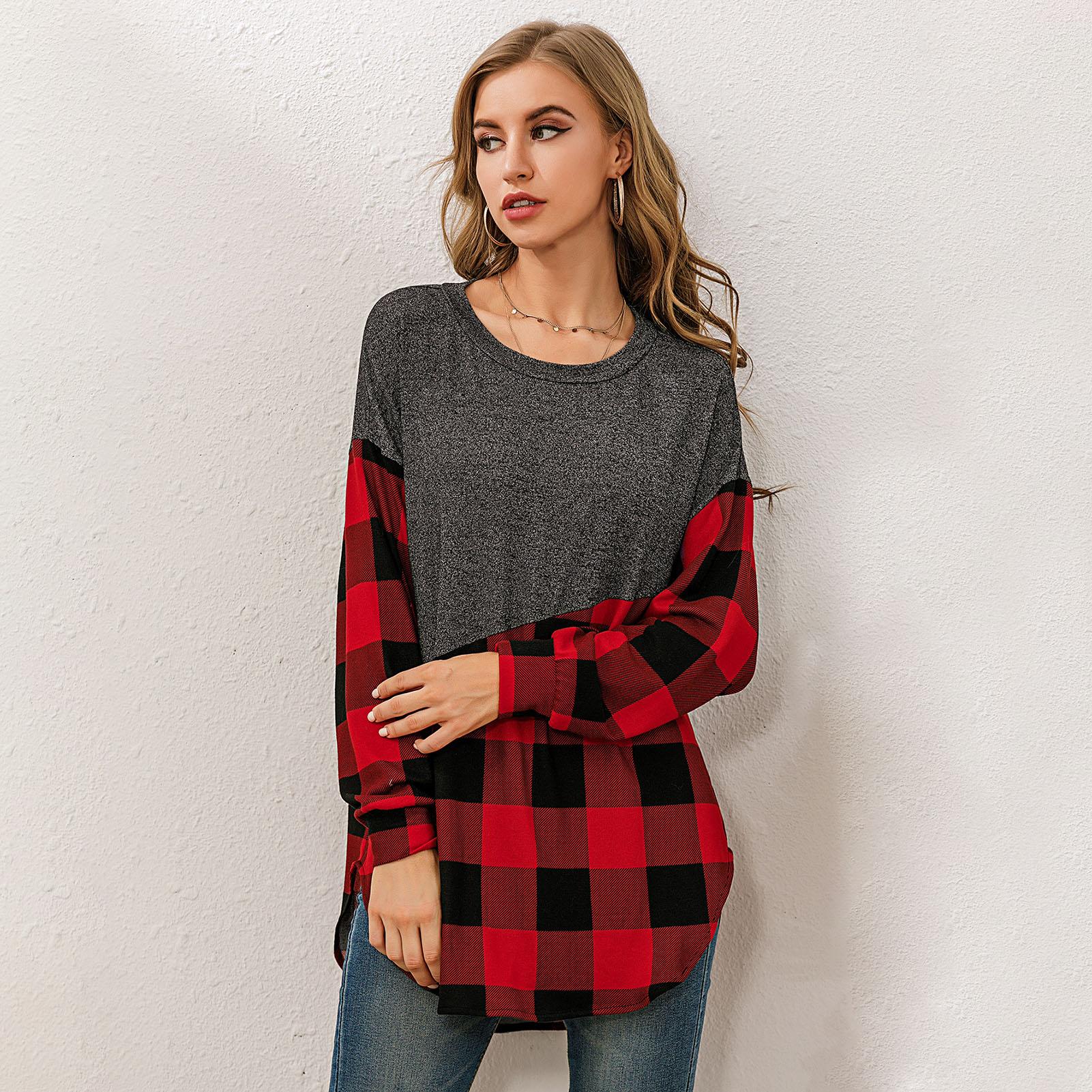 Fashion Women Sweatshirt Plaid Splicing O-Neck Long Sleeve Pullover Rounded Hem Loose Fit Casual Tunic Tops