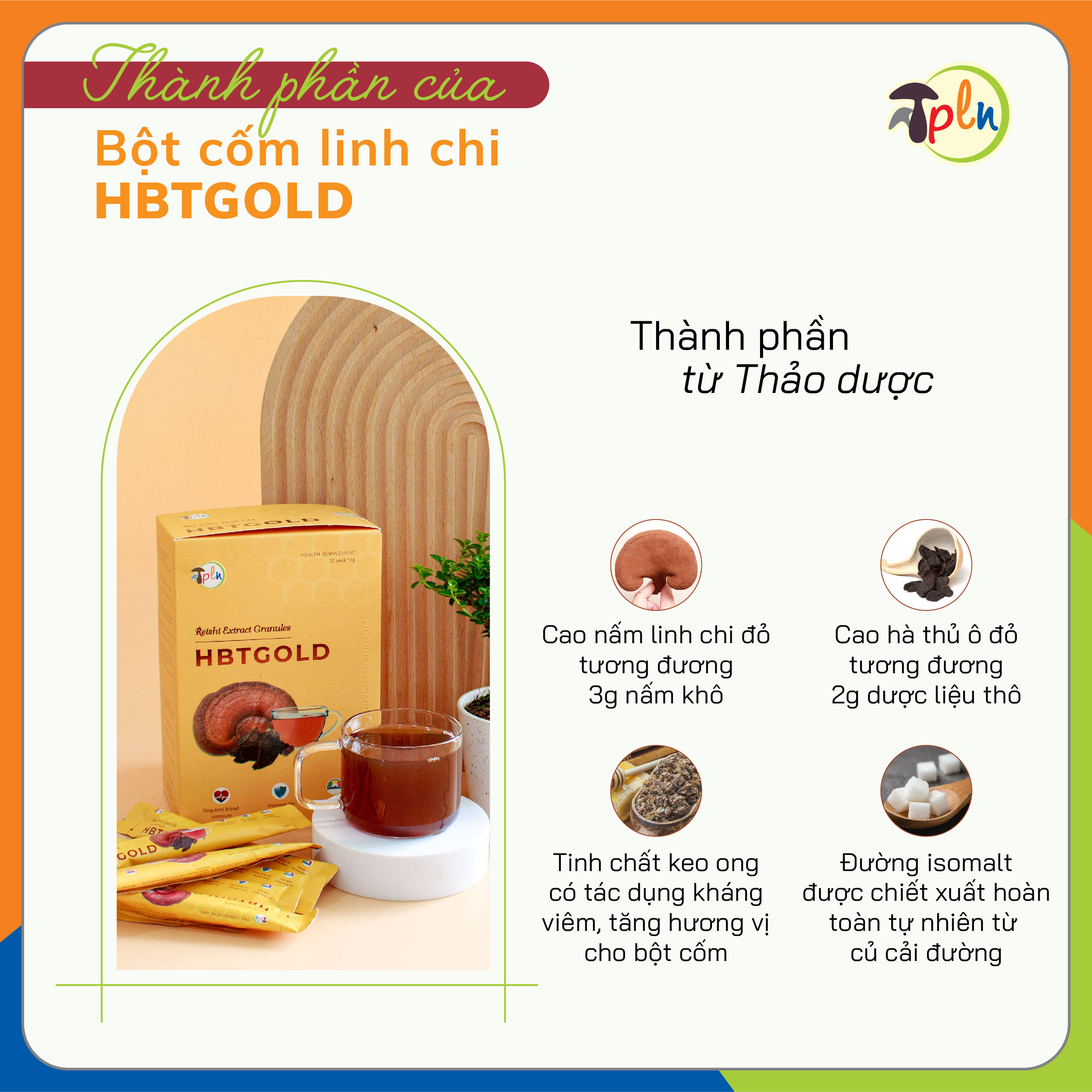 Bột cốm linh chi HBTGOLD - Hộp 10 gói - Hỗ trợ giảm Cholesterol, Hỗ trợ giảm huyết áp, Giúp ngủ ngon giấc