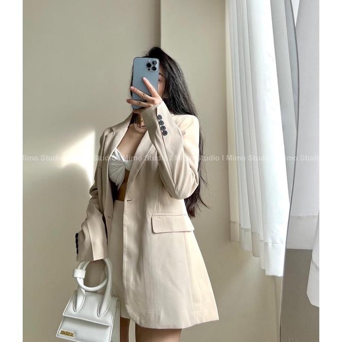 Áo khoác blazer beige - Quần giả váy trắng kem