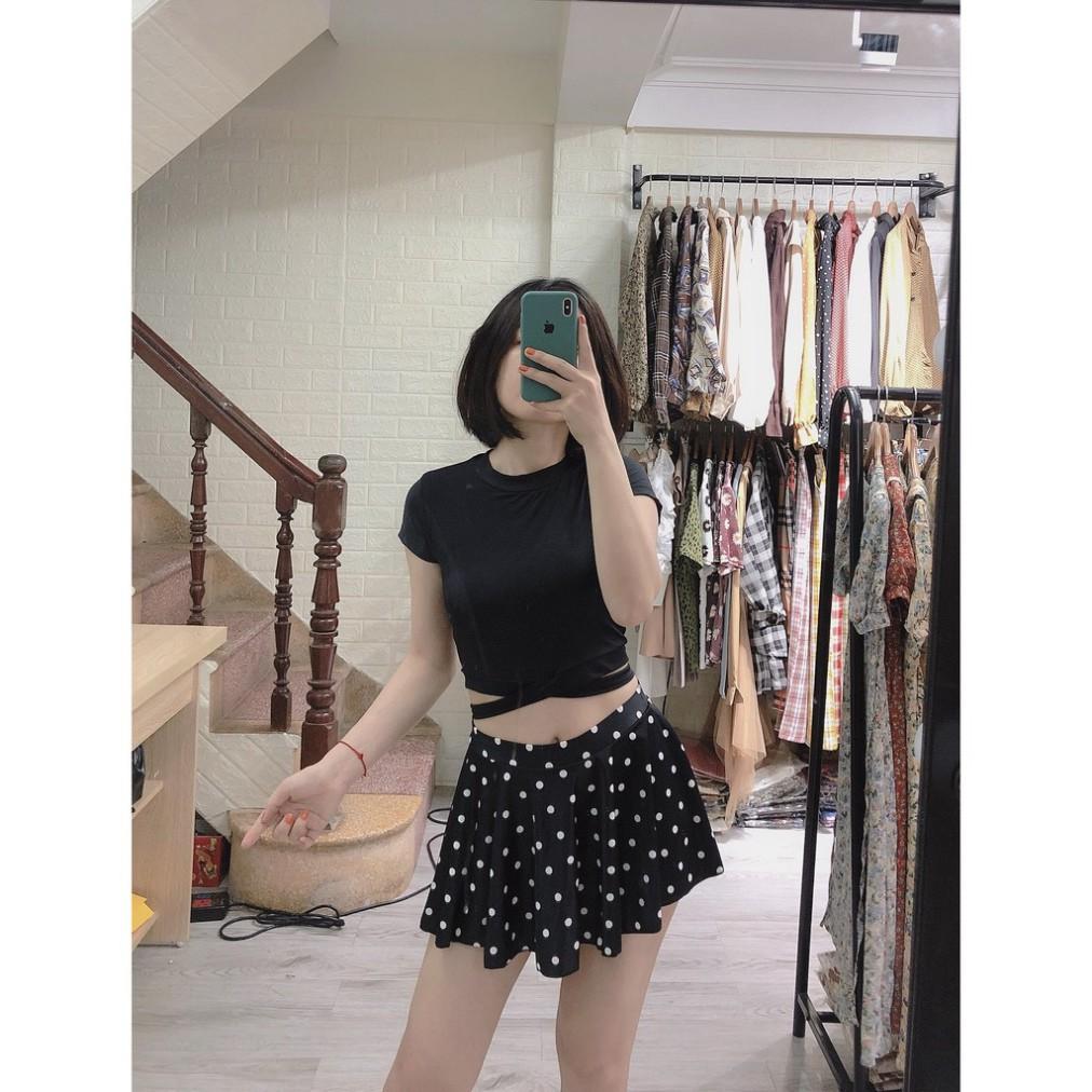 freeship Bikini hai mảnh cộc tay đen cao cổ váy chấm bi siêu đẹp ( Ảnh chụp thật 100%)