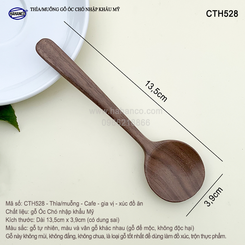 Thìa/Muỗng đầu tròn gỗ Óc Chó (13,5cm) CTH528 - Xúc gia vị, cafe, decor trang trí - An toàn cho sức khỏe