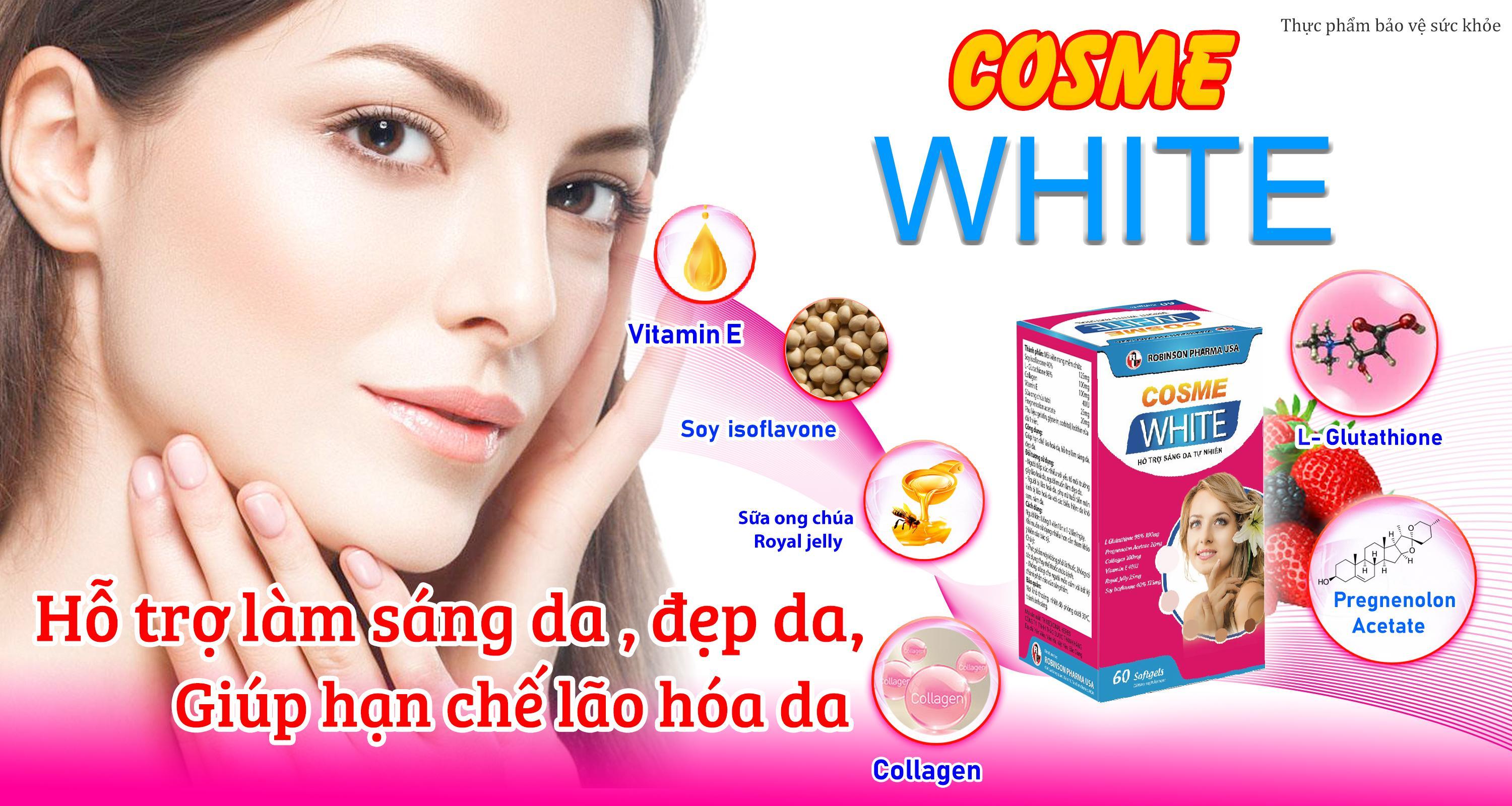 TPCN- Robinson Pharma USA- Cosme white - Viên uống dưỡng trắng da, mặt, body, mờ thâm, nám, trắng sáng toàn thân tự nhiên (60 viên)