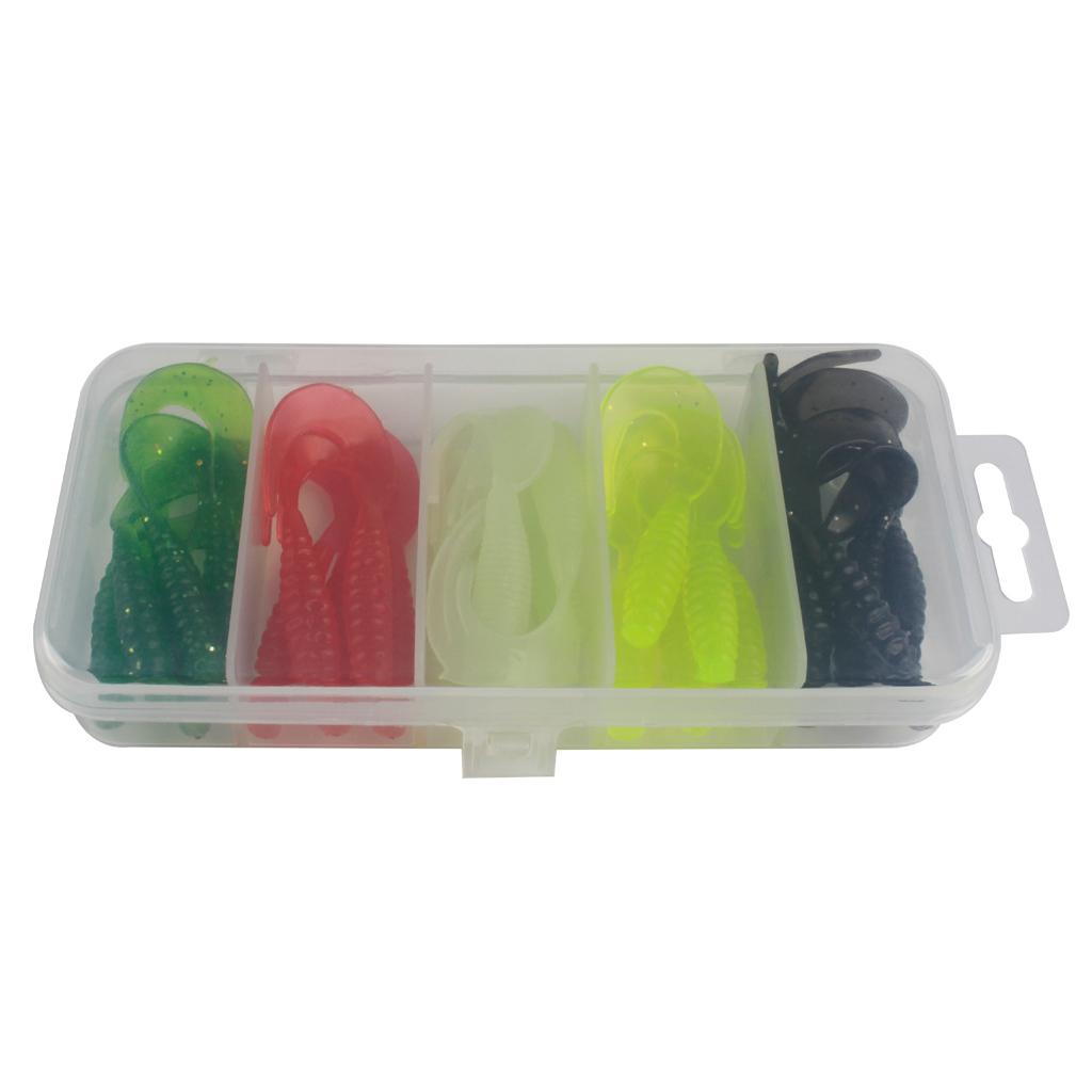 25pcs Double Tail Soft Lures Fishing Bait Maggots Grub Worm Lure, Black/White/Red/Yellow/Green
