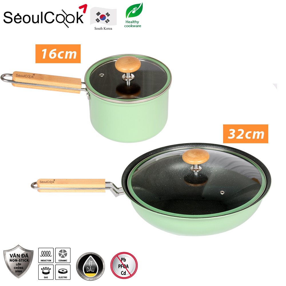 Bộ 2 món quánh 16cm + chảo sâu lòng 32cm đáy từ / Induction cao cấp Hàn Quốc Seoulcook Luxury, chống dính vân đá an toàn cho sức khỏe, dùng được tất cả các loại bếp– Hàng chính hãng