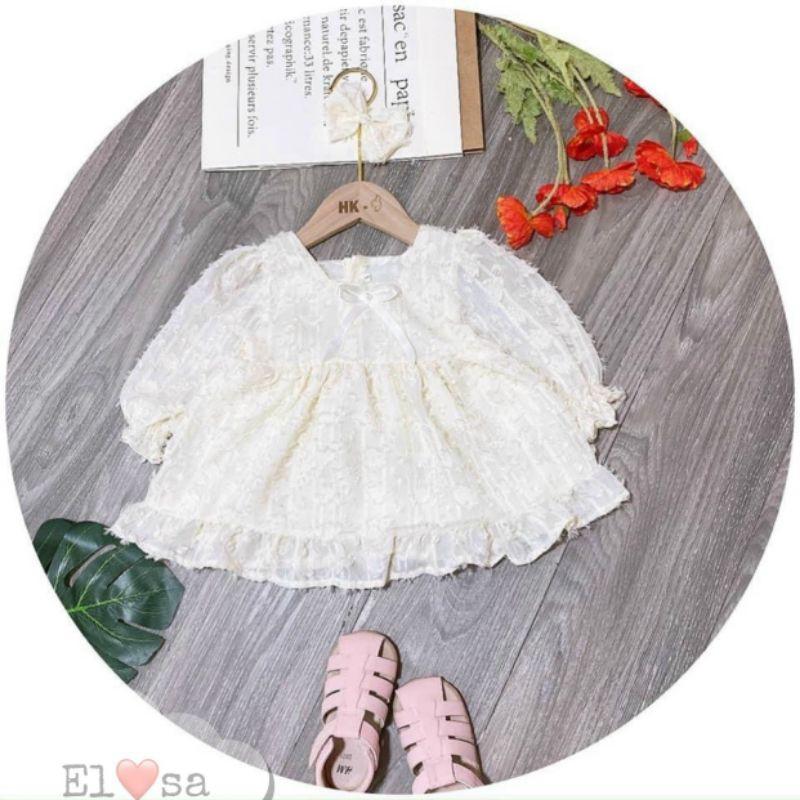 Váy tay bồng cổ vuông chất ren bé yêu