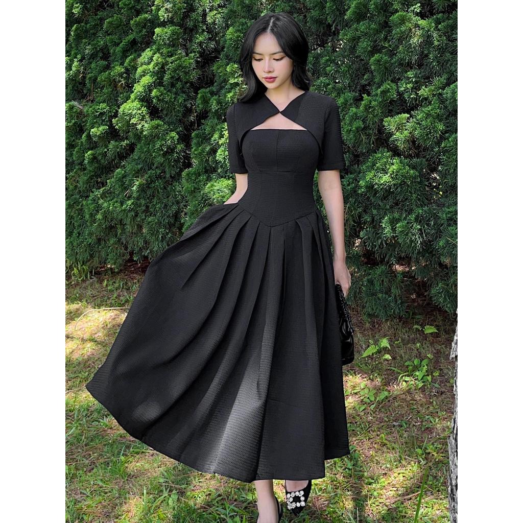 RECHIC Đầm dài Maline kiểu tay ngắn cổ cách điệu dáng váy xoè xếp ly sang trọng thanh lịch phù hợp đi tiệc dạo phố