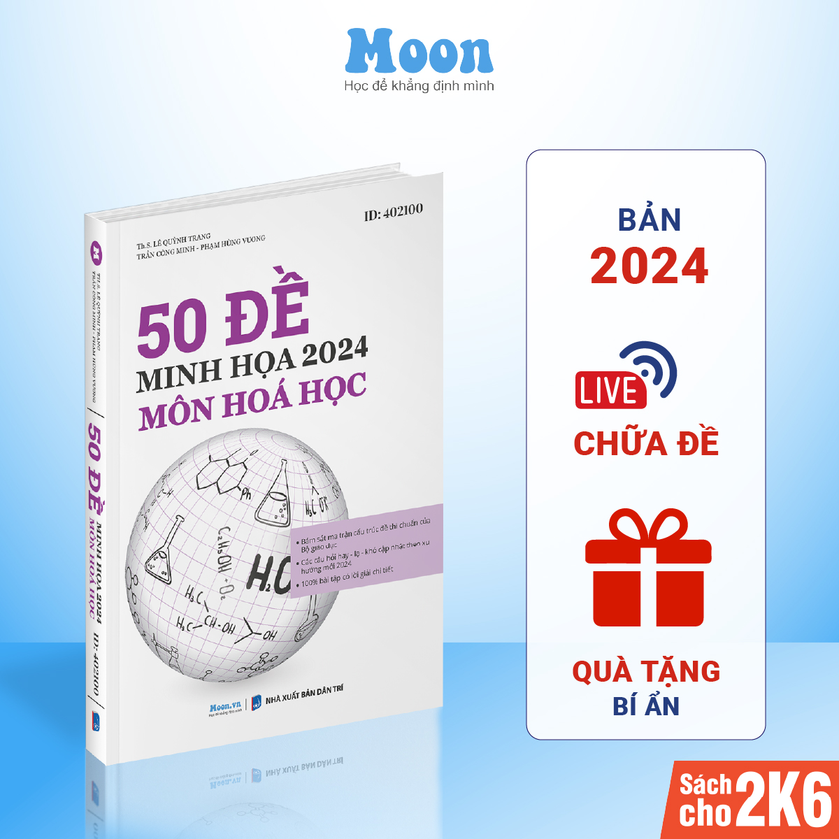 Sách Bộ 50 Đề minh hoạ môn Hoá bản 2024, luyện thi trắc nghiệm THPT quốc gia Moonbook cho 2k6