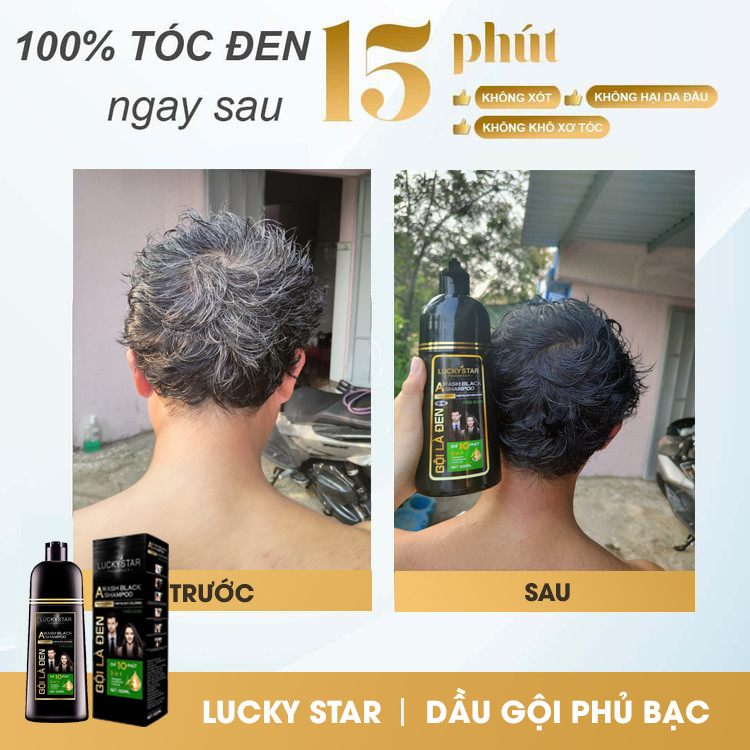 Dầu gội phủ bạc thảo dược cao cấp. Gội là đen LUCKY STAR chiết xuất nhân sâm và thảo mộc tự nhiên. Dầu gội nhuộm tóc giúp tóc đen tự nhiên, khỏe mạnh. Dầu gội đen tóc trong 10 phút ngay tại nhà, phiên bản mới có lược