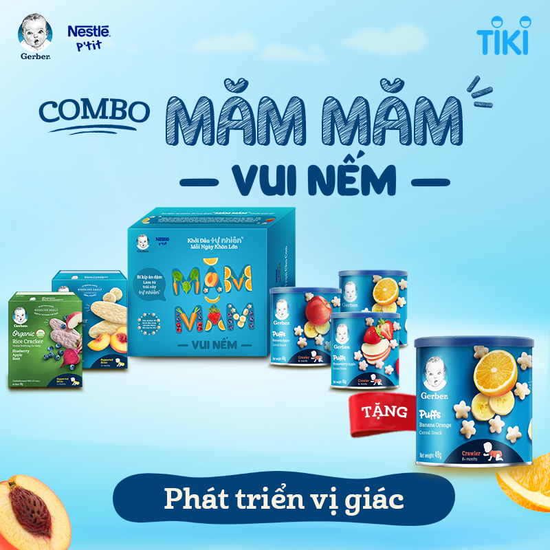 Măm măm vui nếm - Combo 5 - 3 Bánh ăn dặm Gerber vị Cam Chuối/ Chuối Táo/ Dâu Táo + 1 Bánh gạo ăn dặm Gerber vị Chuối Đào + 1 Bánh gạo ăn dặm hữu cơ Gerber Organic Vị Nam Việt Quốc Táo Củ Dền + Tặng 1 lon Gerber puff