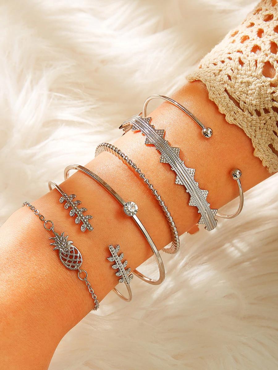 Bộ 6 Vòng Đeo Tay Dứa & Trang Trí Rhinestone