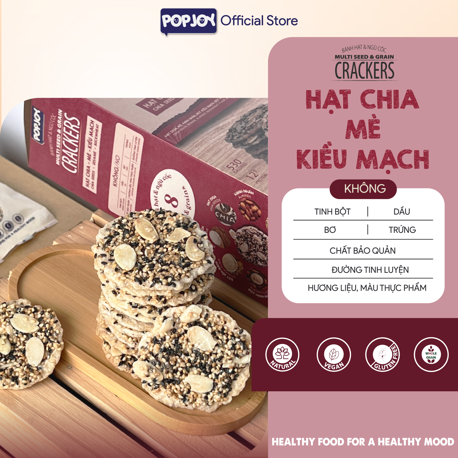 BÁNH HẠT VÀ NGŨ CỐC- Hạt Chia, Mè, Kiều Mạch 195g- Thuần Chay, Nguyên Hạt, Ăn Kiêng, Giảm Cân,Healthy,Eat Clean,Low Carb