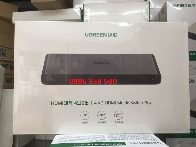Bộ gộp tín hiệu HDMI 2.0 Matrix 4 vào 2 hỗ trợ 4K@60Hz/SPDIF/3.5mm Ugreen 70435 hàng chính hãng