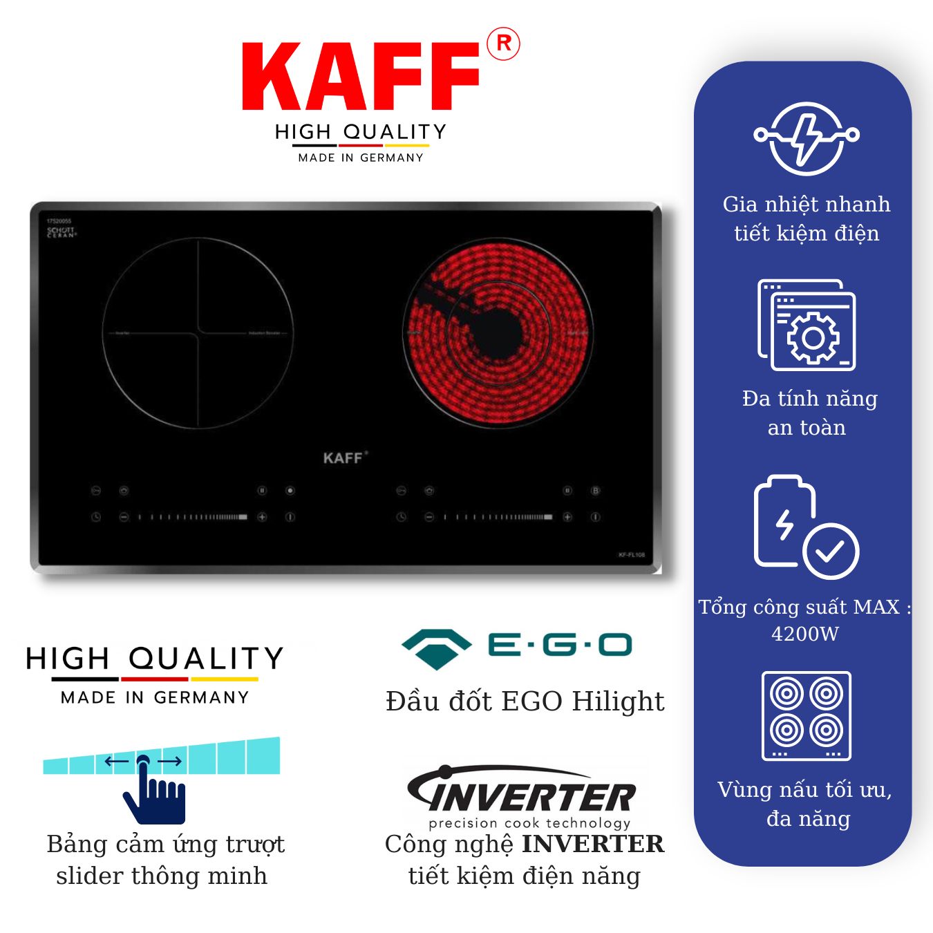 Bếp âm từ hồng ngoại đôi kết hợp nhập khẩu Germany KAFF KF-FL108 - Hàng Chính Hãng