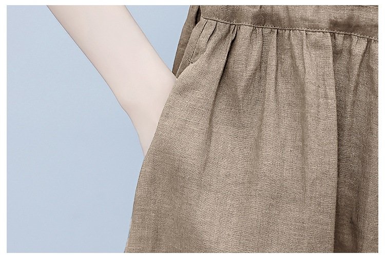 Đầm suông nữ vải Linen rút eo cổ V tay ngắn da218