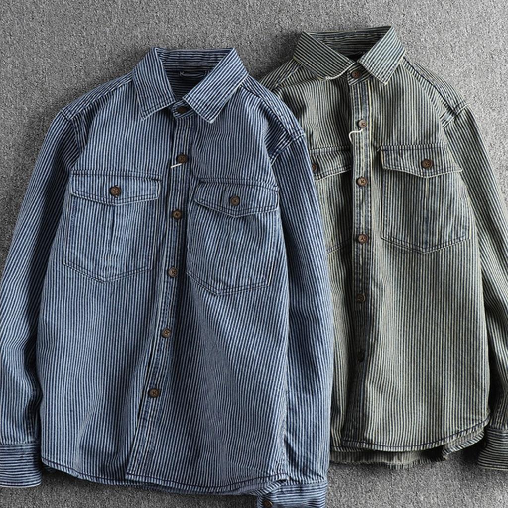 Áo sơ mi denim sọc phong cách Retro_Biker_Army